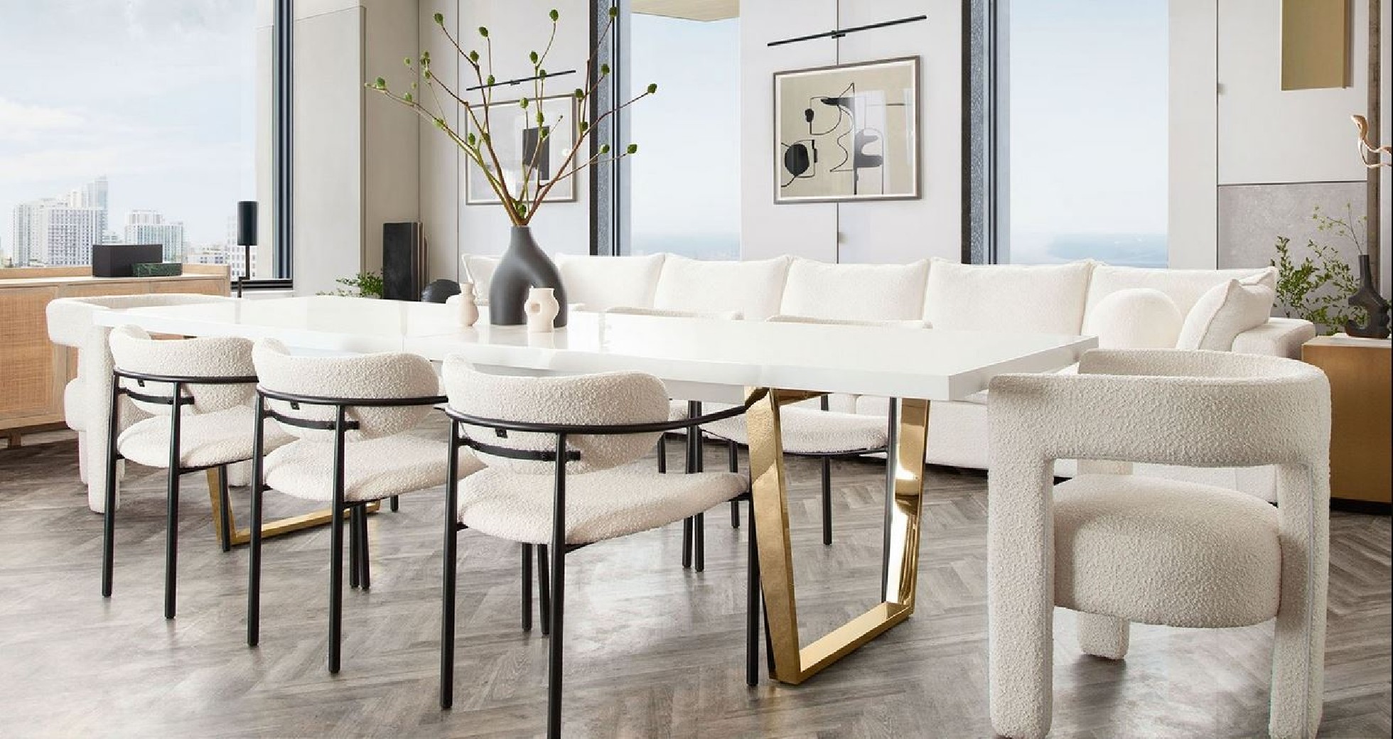 Mirage White Top & Gold Frame Dining Table / Ivory Chairs Dining By