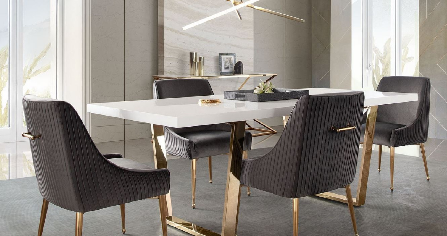 5PC Mirage White Top & Gold Frame Dining Table / Grey Velvet Quinn Chairs Dining By Diamond Sofa