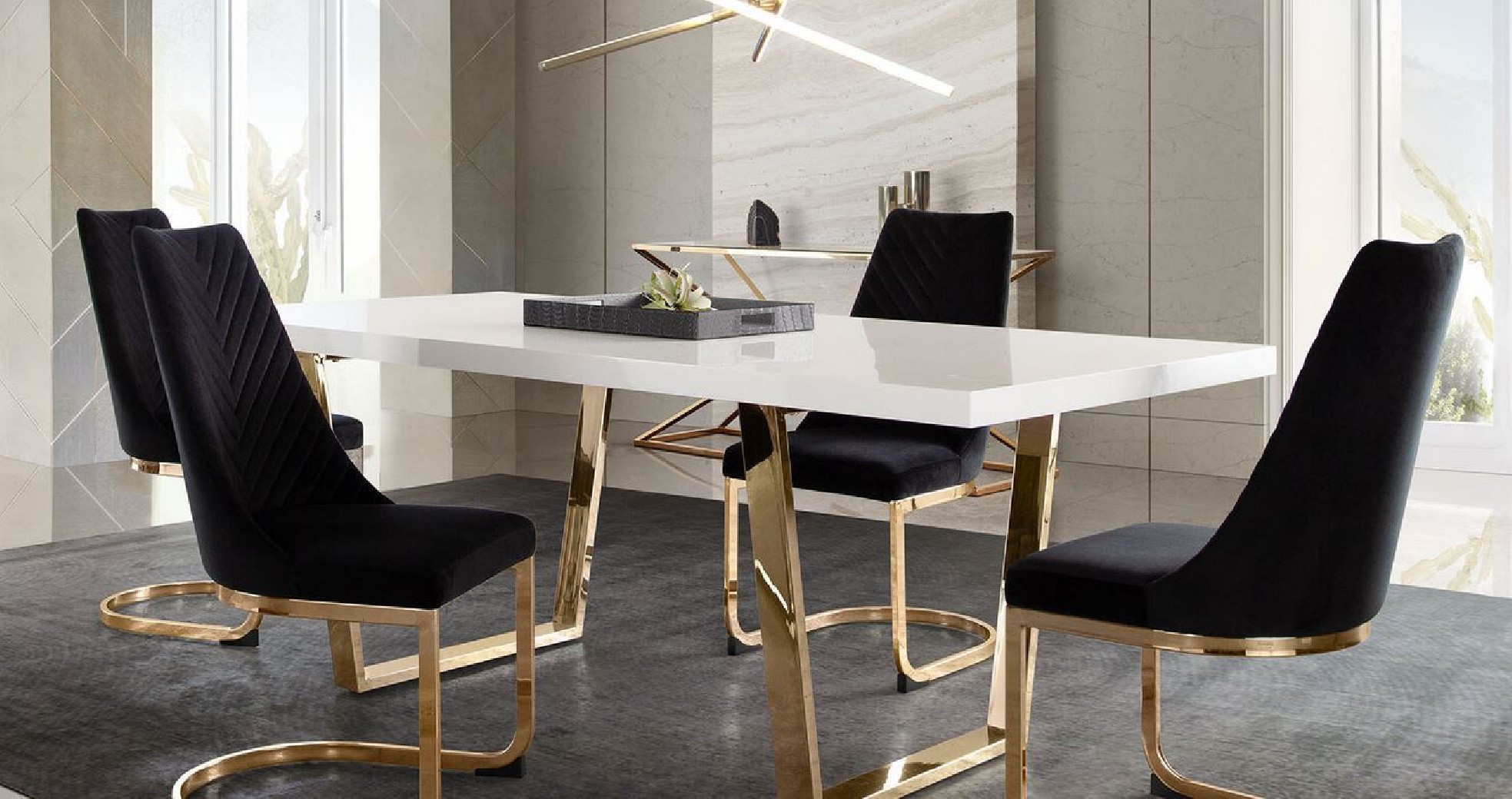 Mirage White Top & Gold Frame Dining Table / Black Velvet Vogue Chairs