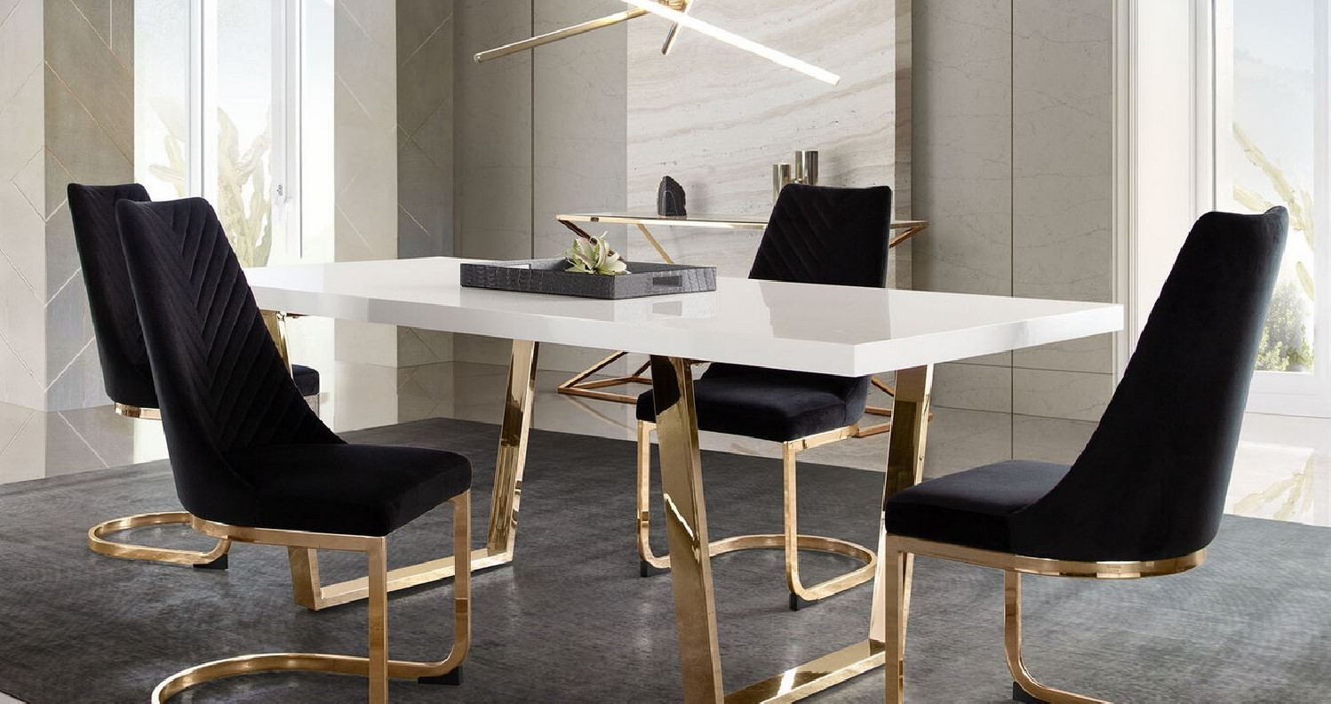 5PC Mirage White Top & Gold Frame Dining Table / Black Velvet Vogue Chairs By Diamond Sofa