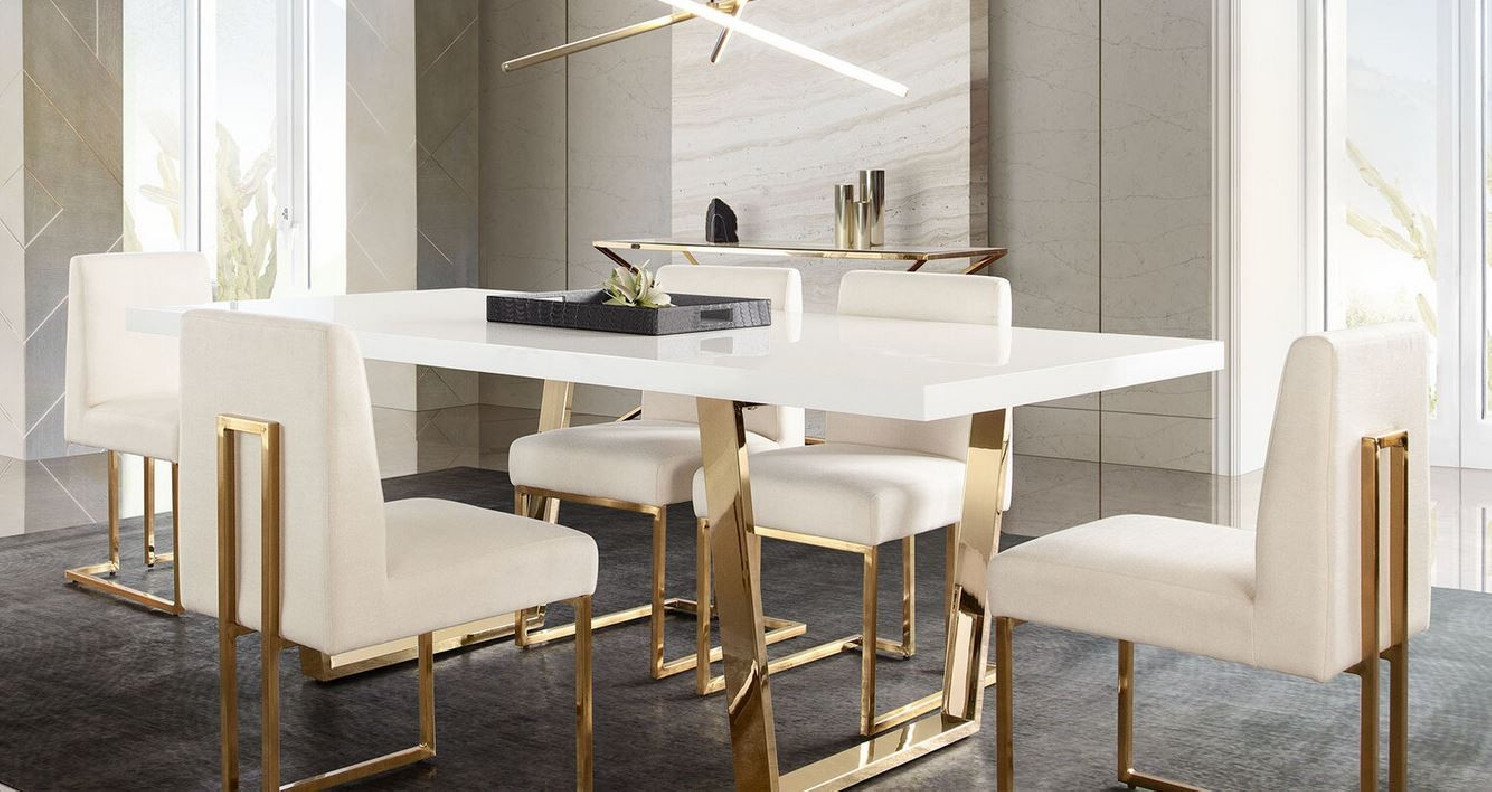 7PC Mirage White Top & Gold Frame Dining Table / Cream Fabric Skyline Chairs Dining By Diamond Sofa