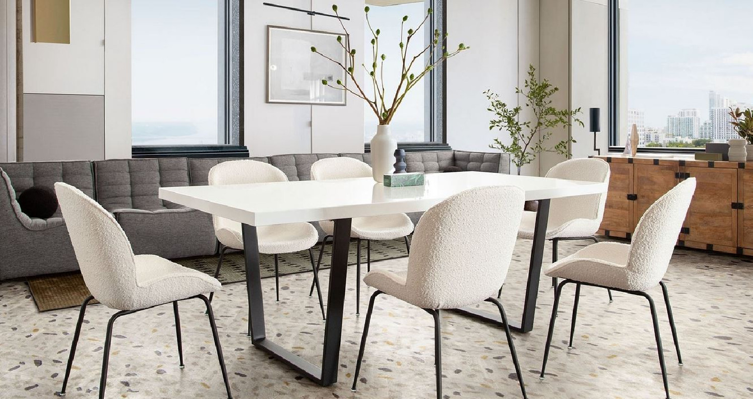 7PC Mirage White Top & Black Frame Dining Table / Ivory Boucle Session Chairs By Diamond Sofa