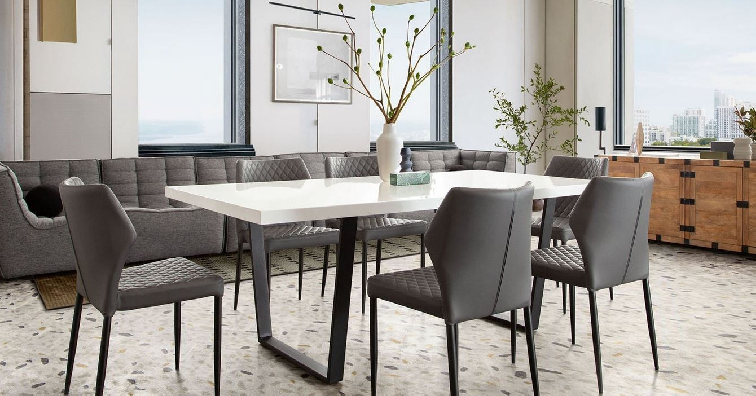 7PC Mirage White Top & Black Frame Dining Table / Grey Leatherette Milo Chairs By Diamond Sofa