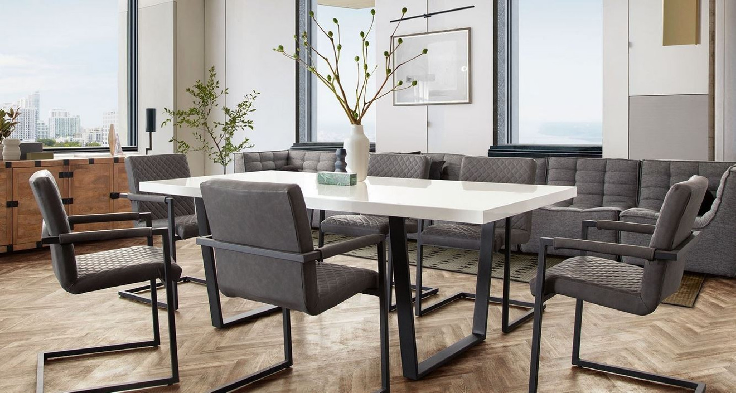 7PC Mirage White Top & Black Frame Dining Table / Charcoal Leatherette Chairs By Diamond Sofa