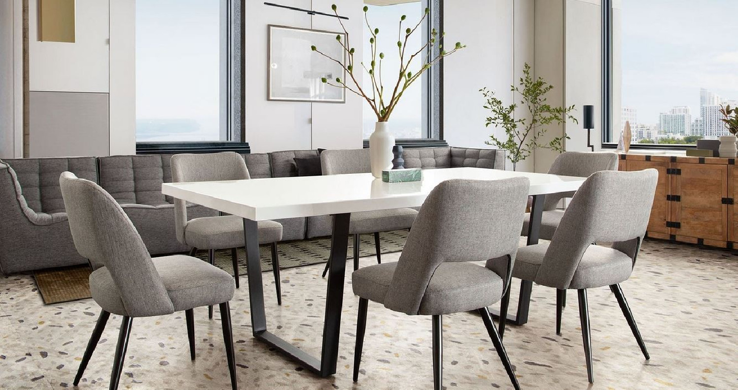 7PC Mirage White Top & Black Frame Dining Table / Grey Fabric Reveal Chairs By Diamond Sofa