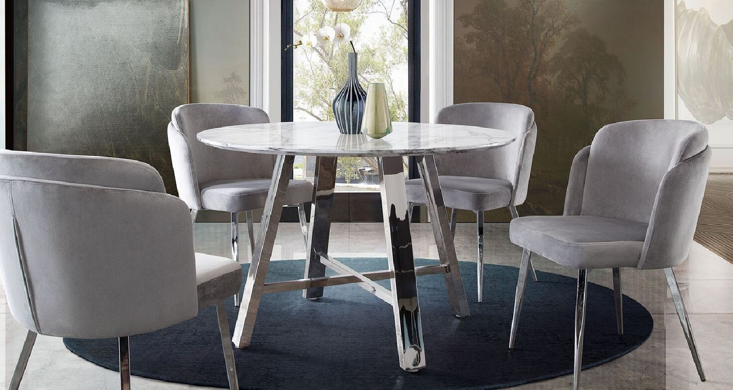 5PC Paris Faux Marble Table / Stainless Steel Round Dining Table / Grey Velvet Chairs By Diamond Sofa
