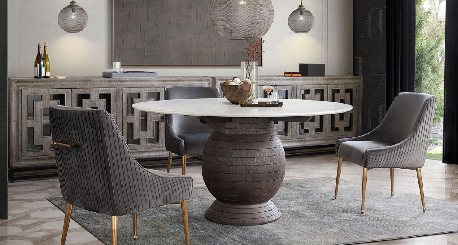 5PC Ashe Marble Top Espresso Acacia Wood base Dining Table / Grey Quinn Chairs By Diamond Sofa