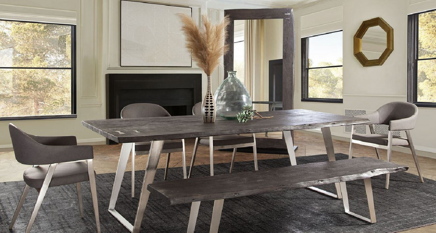 7PC Titan Espresso Acacia Wood Top Silver Base Dining Table /Grey Adel ChairsBy Diamond Sofa
