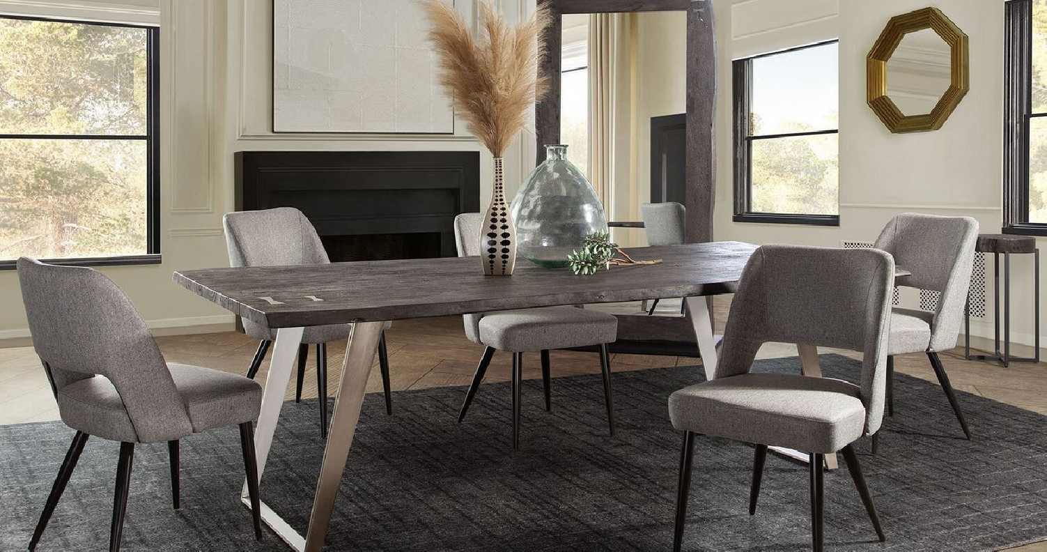 7PC Titan Espresso Acacia Wood Top Silver Base Dining Table /Grey Reveal Chairs By Diamond Sofa
