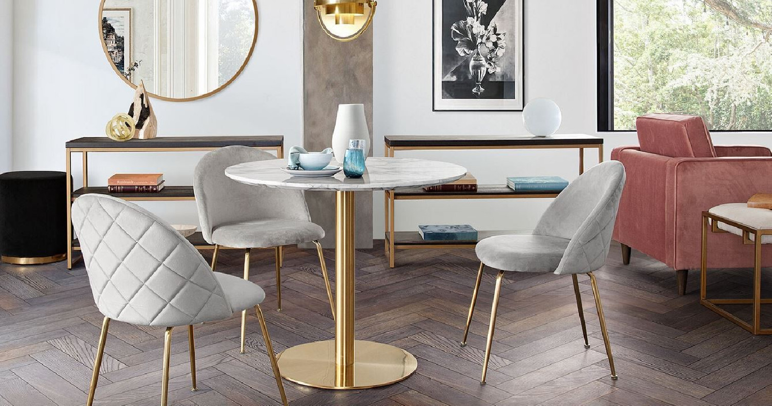 5PC Stella Faux Marble Top Gold Base Dining Table / Gray Velvet Lilly Chairs By Diamond Sofa