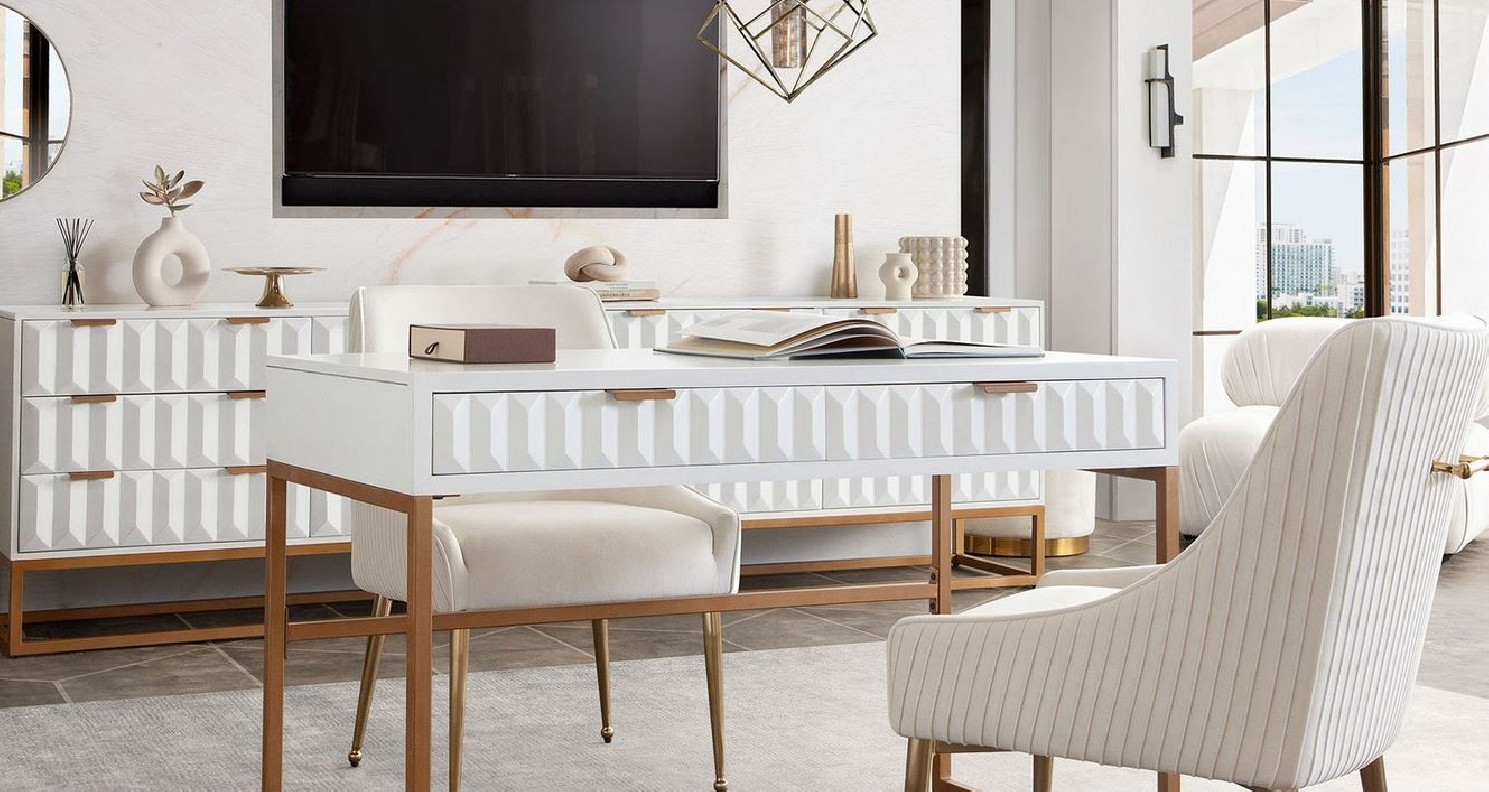 Spectrum Collection Modern Home Office Desk in White & Gold Mango Wood Desk By Diamond Sofa