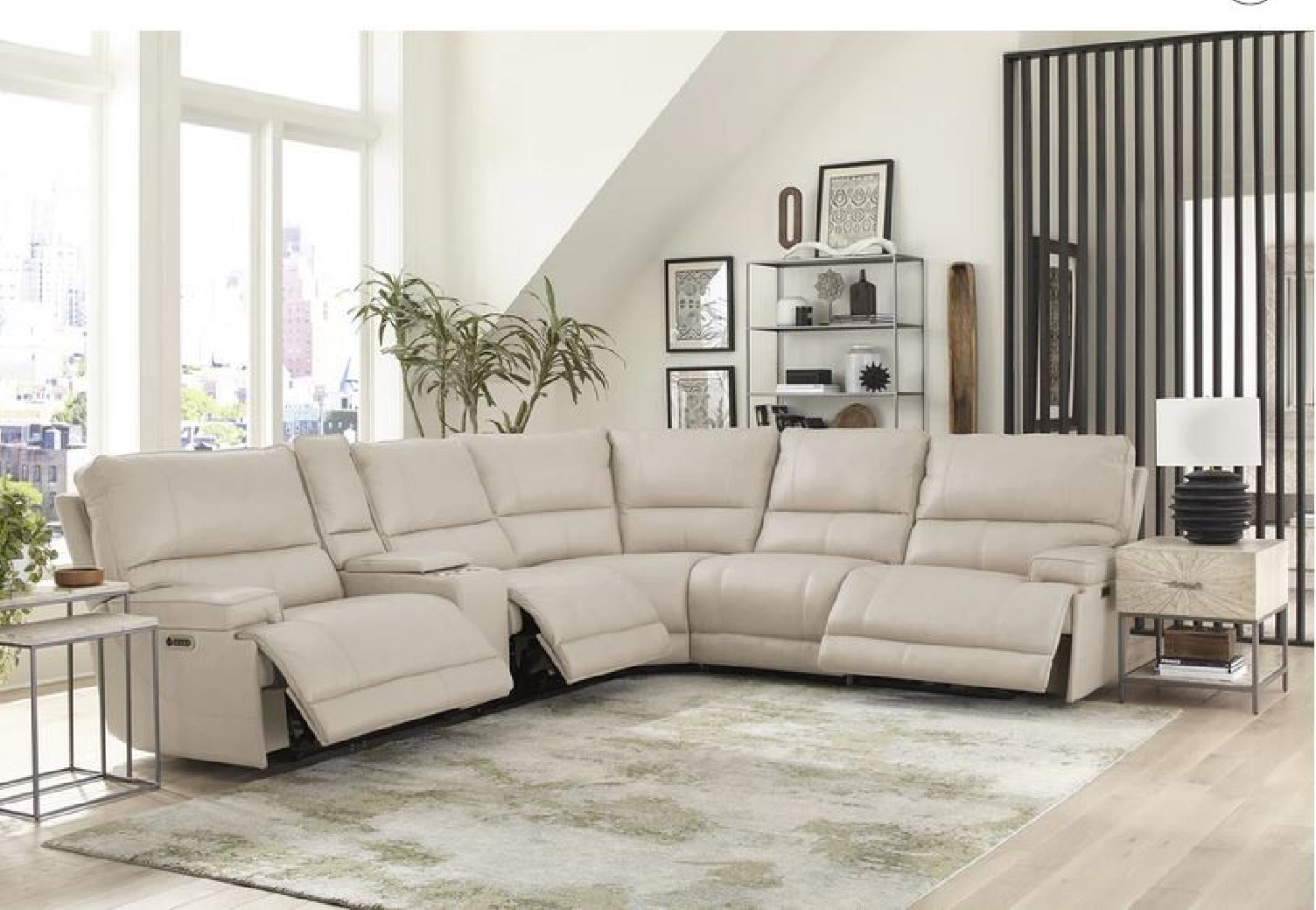 6PC Whitman Verona Linen Top Grain Leather Modular Powered Free Motion Cordless By Parker-House Furniture. MWHI-PACKA(H)-P50-VLI