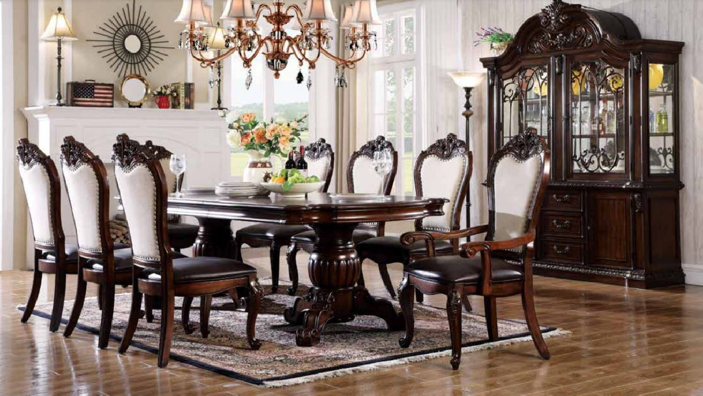 D3602 7PC Double Pedestal Dining Set cherry Finish Tradional Style by McFerran Furnishing