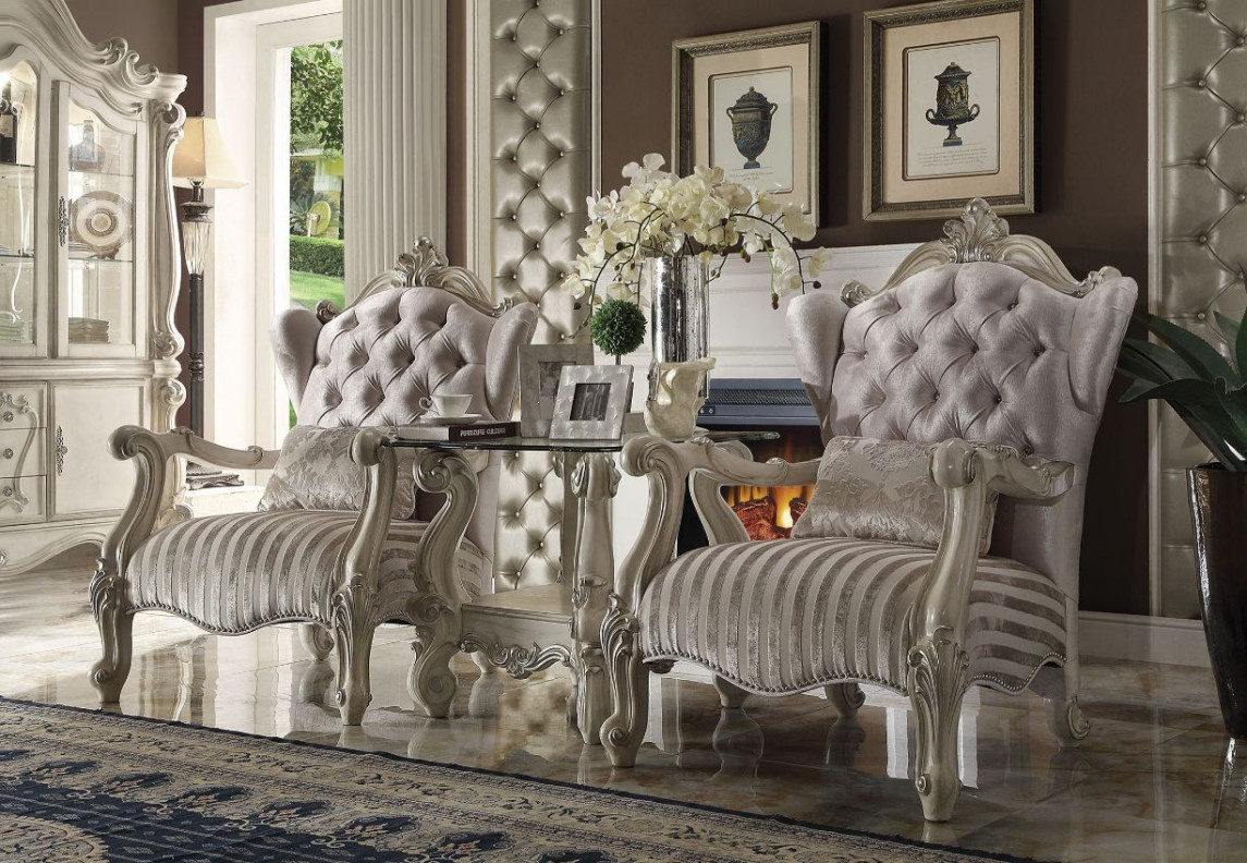 52087 Accent Chair Ivory Fabric & Bone White Finish Versailles Collection By Acme Furniture