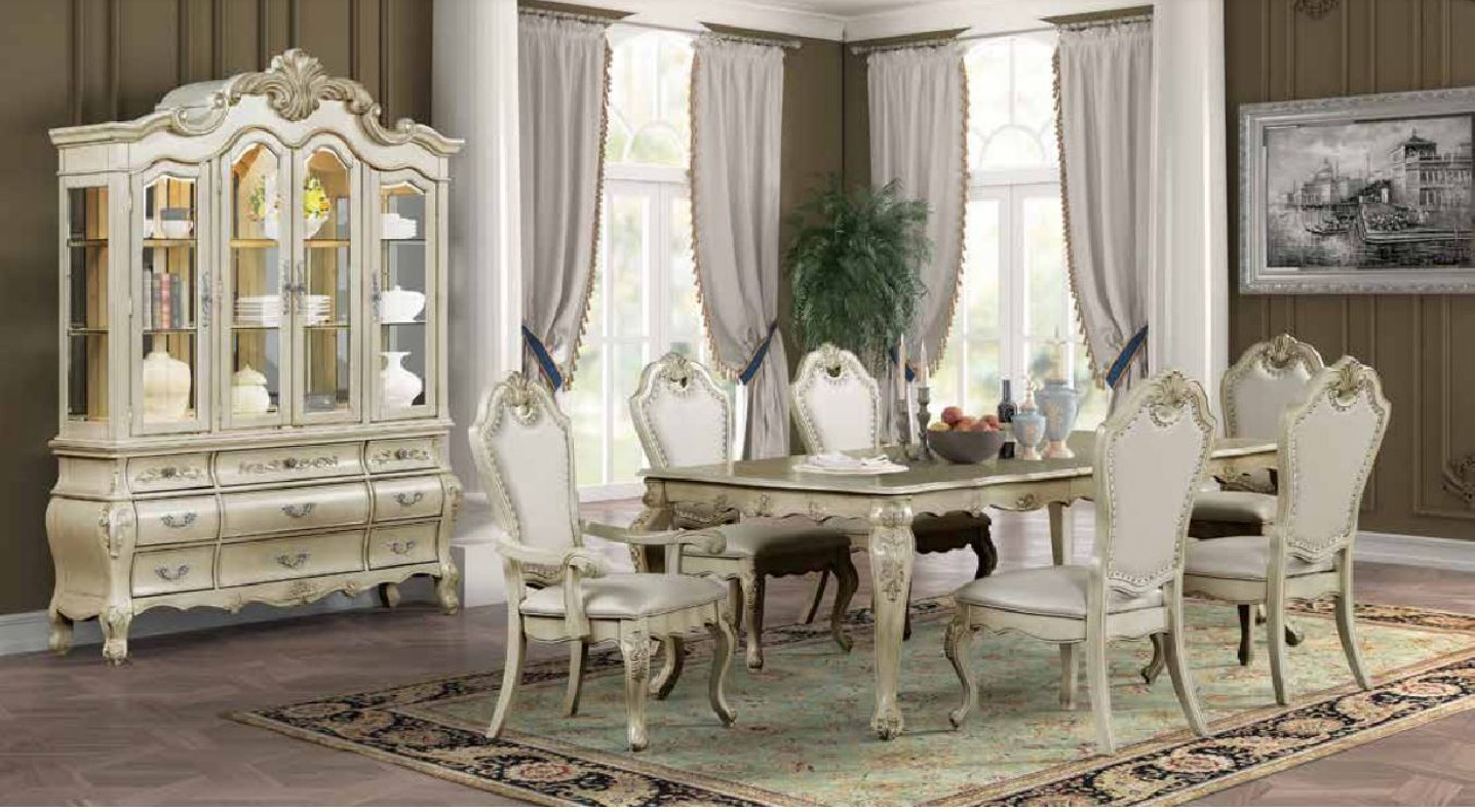 D8300 7PC Double Pedestal Dining Set Antique White Wash Finish Traditional Style by McFerran Furnishing