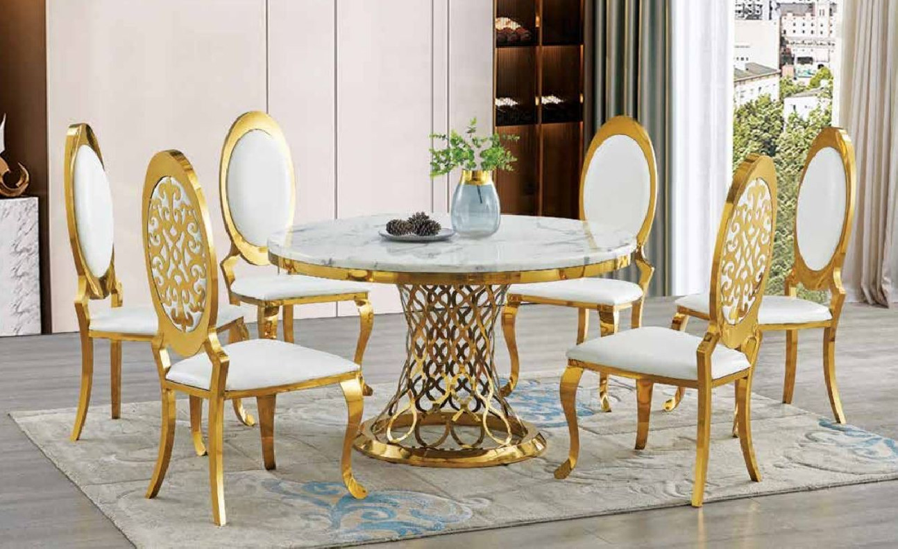 D1011 5PC Dining Set Faux White Marble Table with Gold Chrome Base by McFerran Furnishings