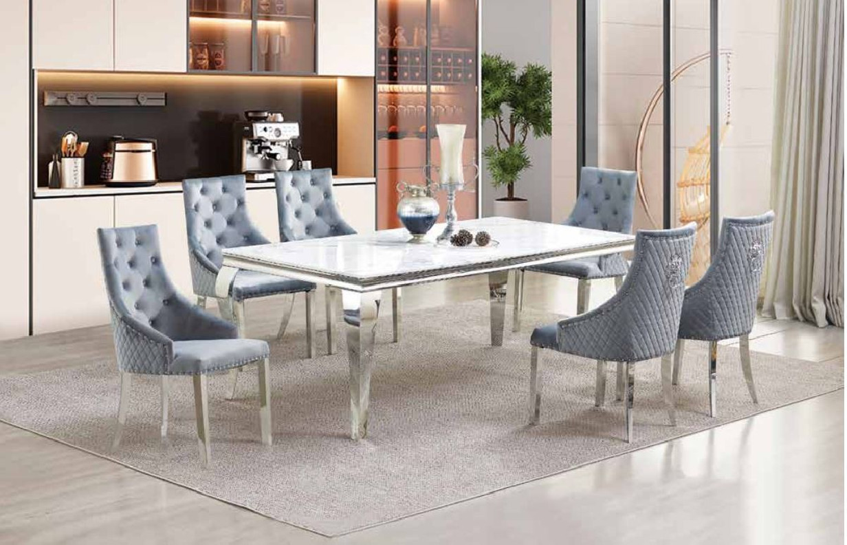 D1005 7PC Dining Set Faux White Marble Table with Chrome Legs By Home Furnishings