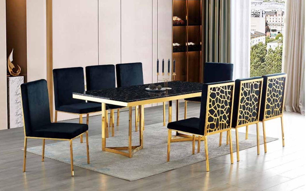 D1008 7PC Dining Set .Polished Gold Chrome Chair Back and Legs by McFerran Furnishings