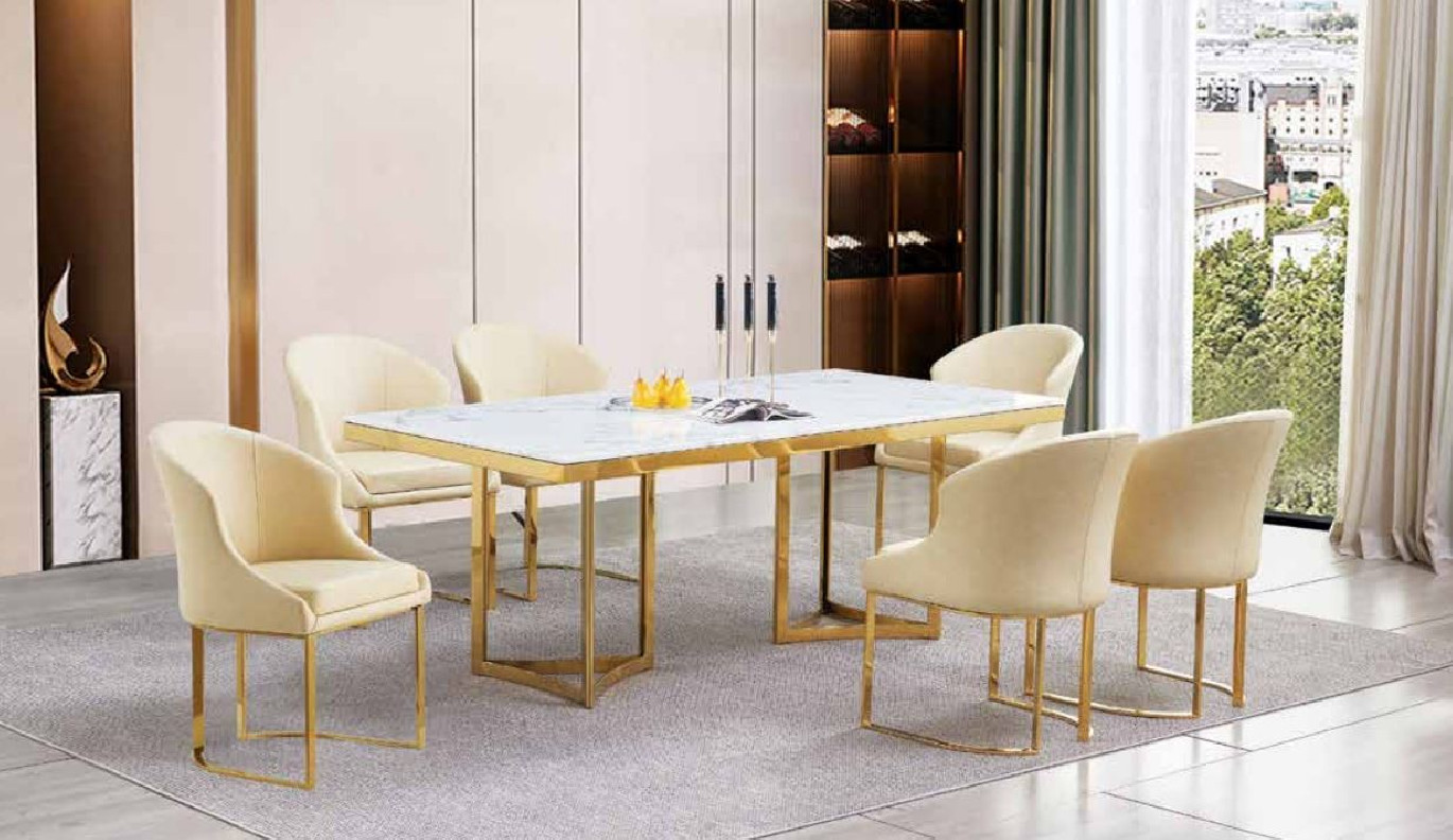 D1007 7PC Dining set Faux White Marble Table with Gold Chrome Base By McFerran Furnishings