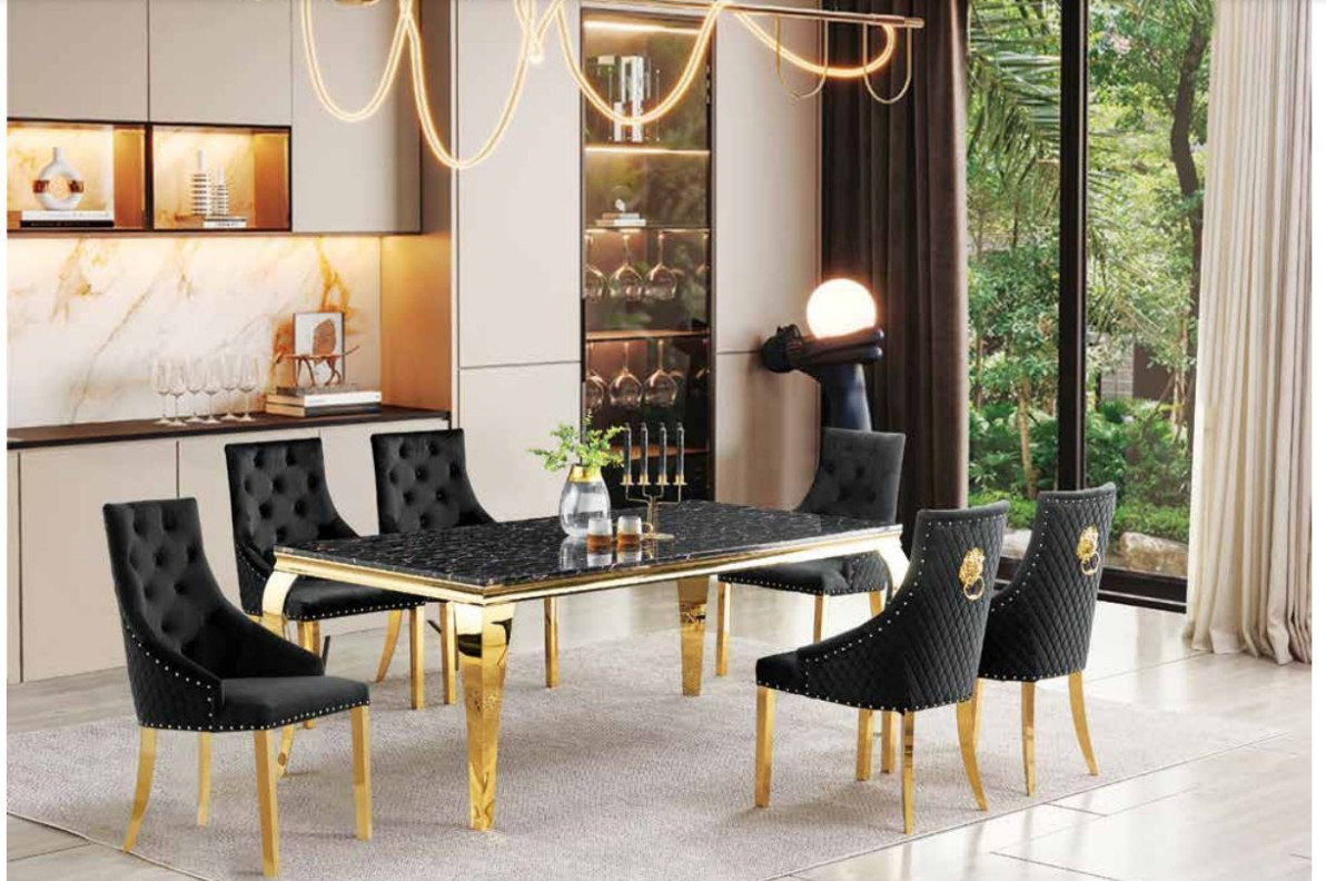 D1006 7PC Dining Set black faux marble top & gold trim base By Mc Ferran Furnishings