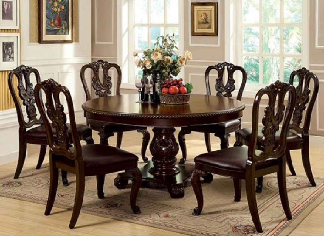 CM3319RT 7PC Dining Set Round Table Brown Cherry Bellagio Collection By Furniture of America