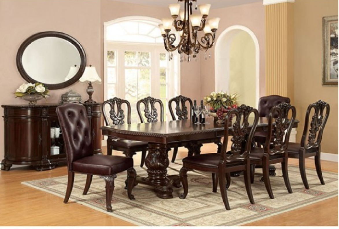 CM3319T 7PC Dining Set Double Pedestal Base Brown Cherry Bellagio Collection by Furniture of America