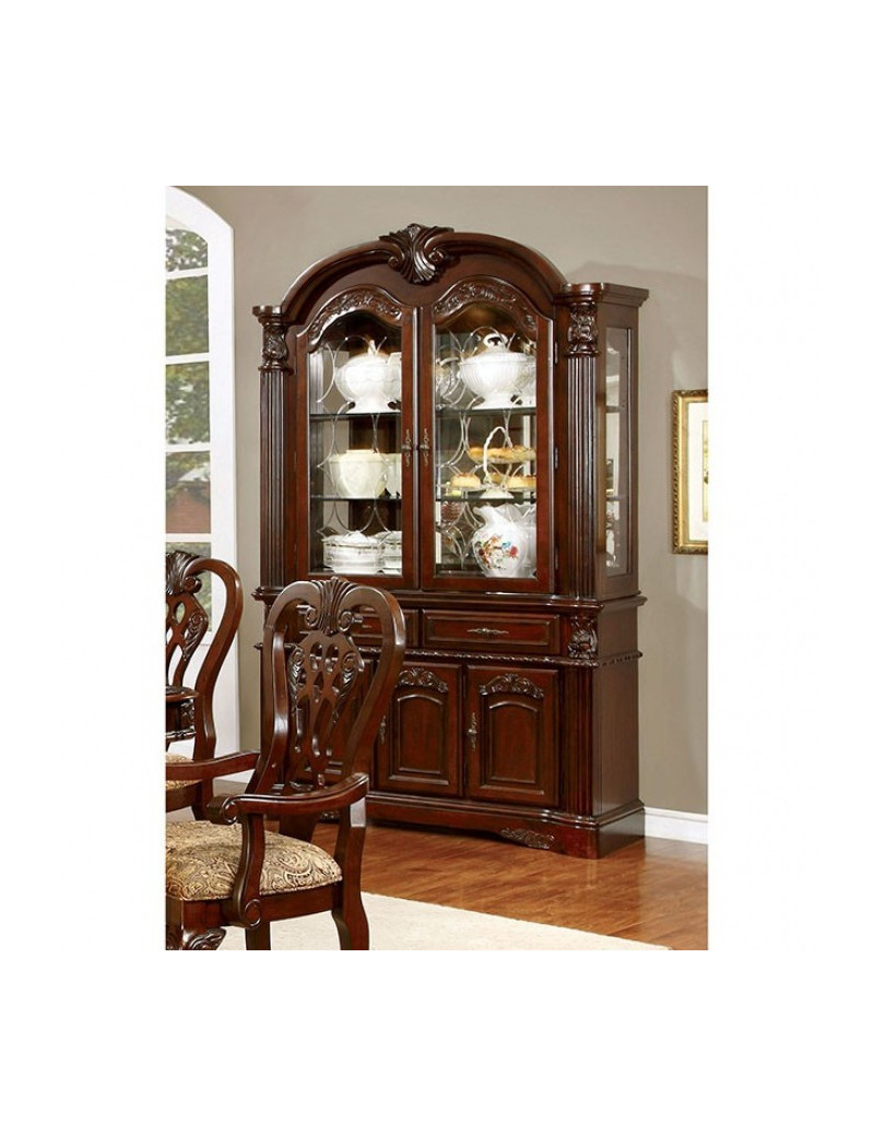 CM3212T 7PC Dining Set Rectangular Pedestal Table Brown Cherry Finish Elana Collection By Furniture of America