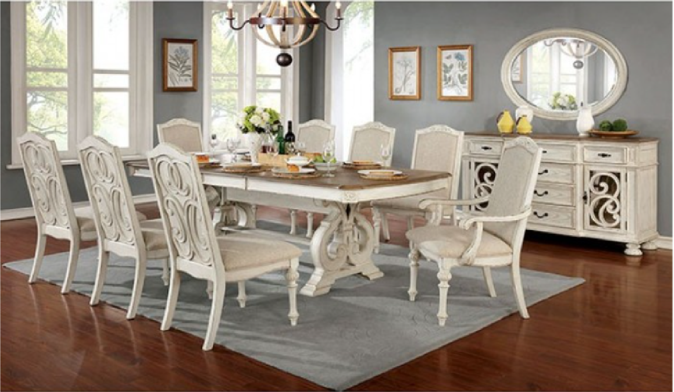 CM3150WH-T 7PC Dining Set Rustic Antique White Arcadia Collection By Furniture of America