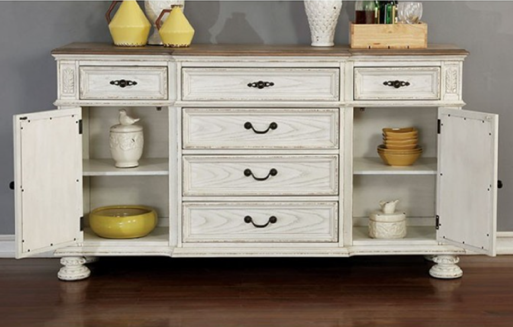 CM3150WH-T 7PC Dining Set Rustic Antique White Arcadia Collection By Furniture of America