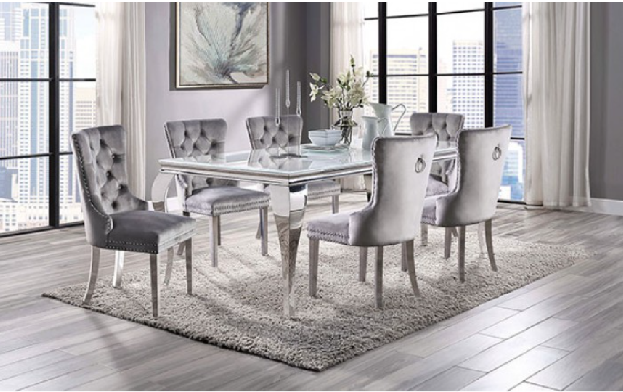 CM3903WH-T 7PC Dining Set White Chrome Contemporary Style Neuveville Collection By Furniture of America