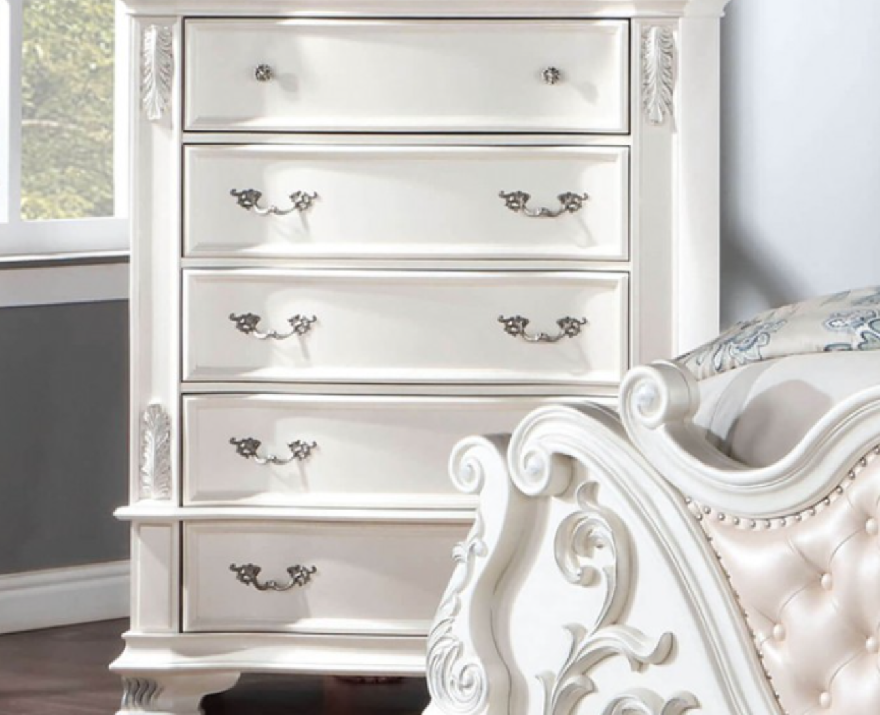 CM7478WH  5PC Queen Bedroom Set Traditional Style Pearl White Finish Esparanza Collection by Furniture of America