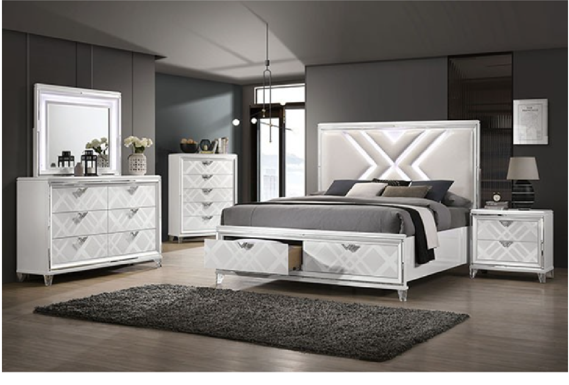 FOA7147WH 5PC Queen Bedroom Set Contemporary Style White Finish. Emmeline Collection by Furniture of America