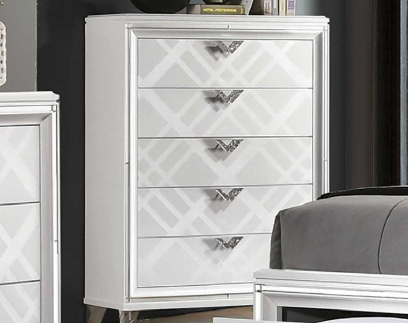 FOA7147WH 5PC Queen Bedroom Set Contemporary Style White Finish. Emmeline Collection by Furniture of America
