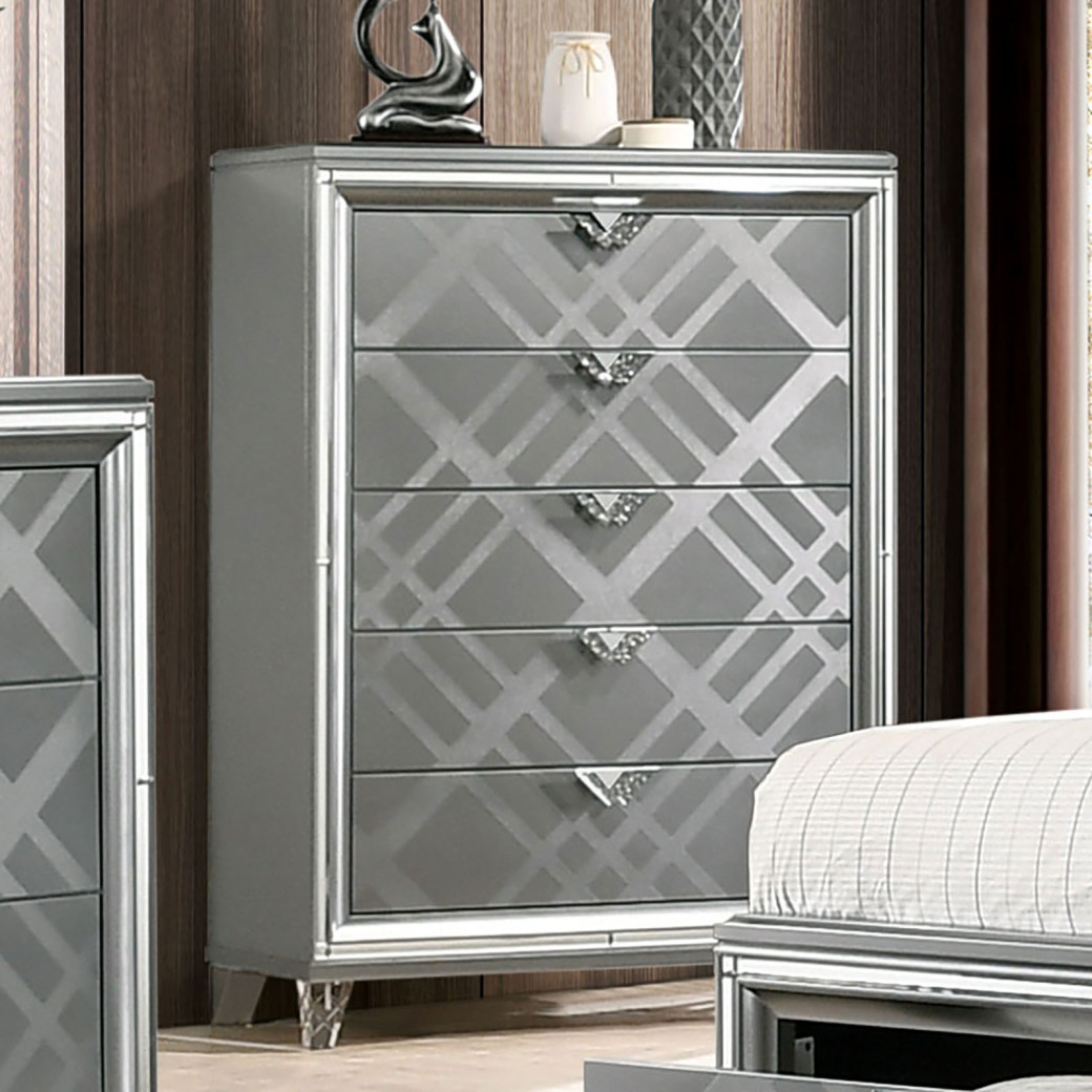 FOA7147 5PC Queen Bedroom Set Contemporary Style Silver Finish. Emmeline Collection By Furniture Of America