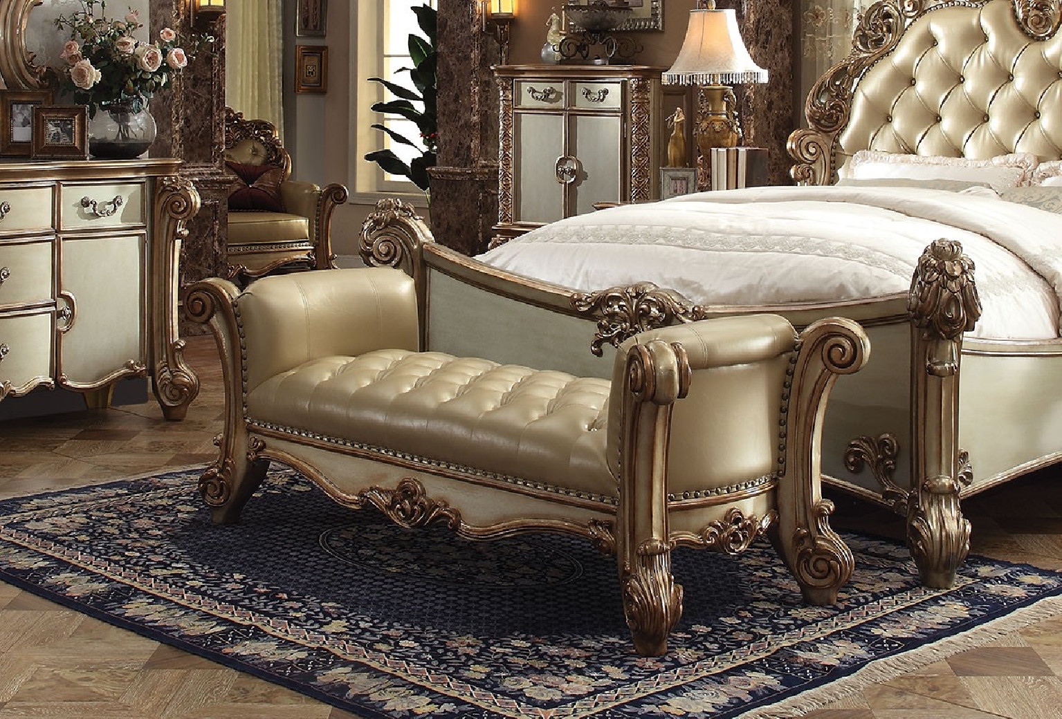 23000 Acme Gold Patina Finish Bedroom Collection Bone Upholstery