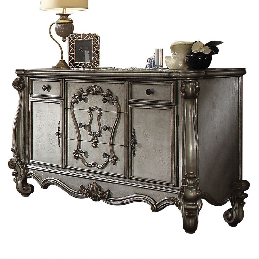 66820 7PC Dining Set Versailles Silver Antique Platinum Collection By Acme Furniture