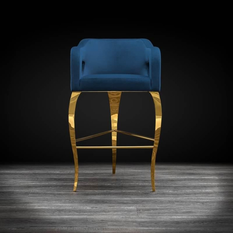 Caprice Gold Bar Stool Blue Velvet by Roberto Grassie 22-143TG-BU-BAR