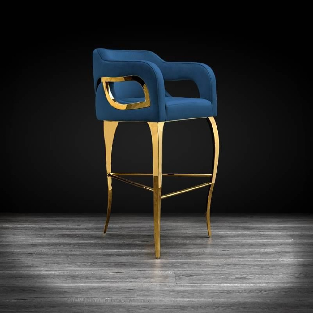 Caprice Gold Bar Stool Blue Velvet by Roberto Grassie 22-143TG-BU-BAR