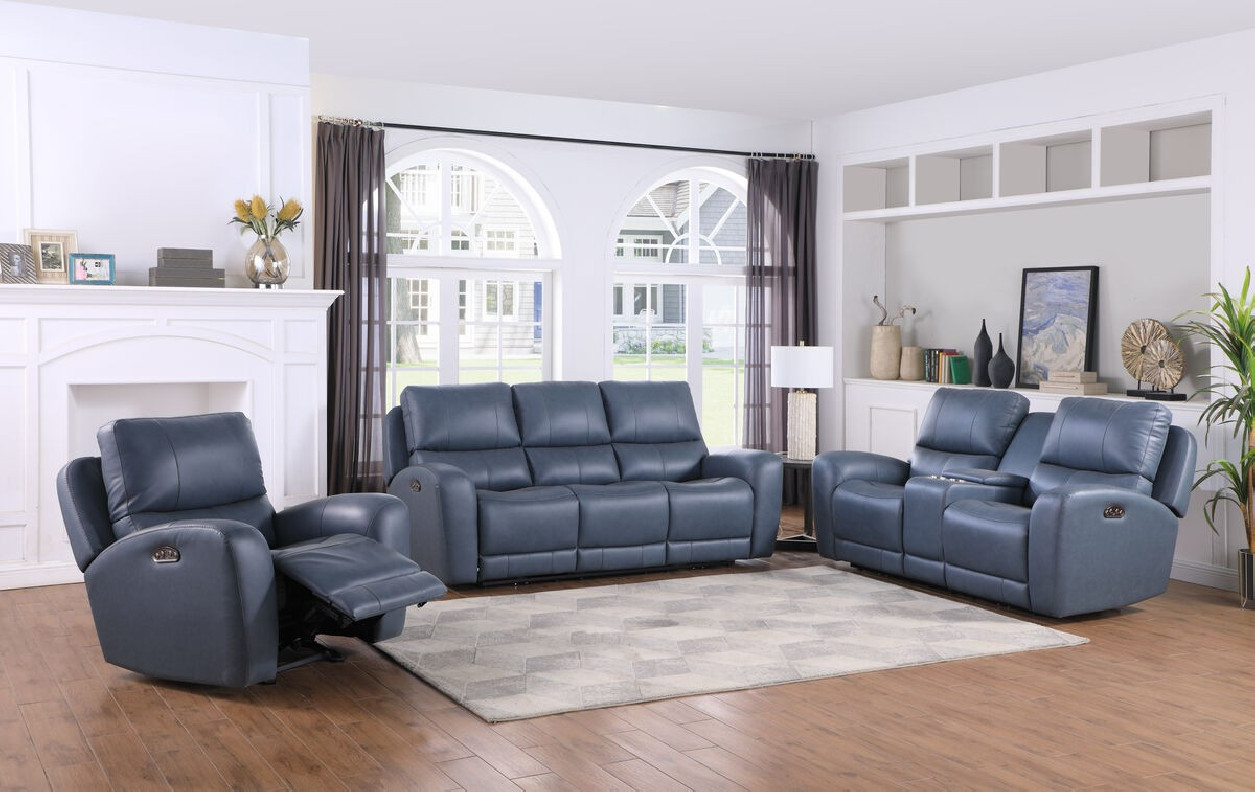 EH 295 Cambria Blue leather Bel Air dual Power Reclining Sofa & Loveseat by Italia USA