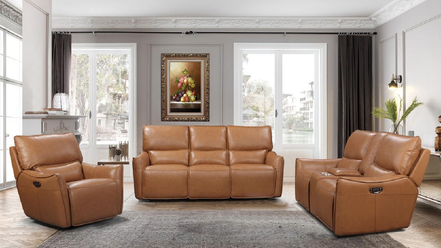 1555 Shae Desert Portland Power Reclining Sofa & Loveseat By Leather Italia USA
