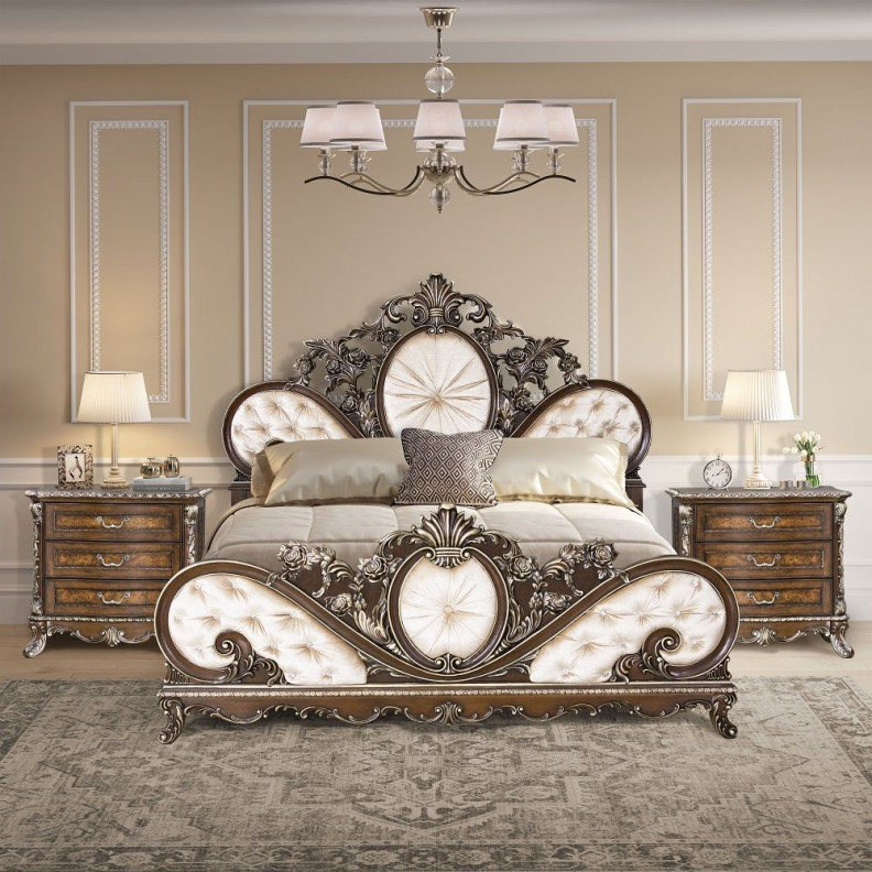 Queen Bed Cream Fabric & Cherry Finish Devany Collection by Acme Furniture
