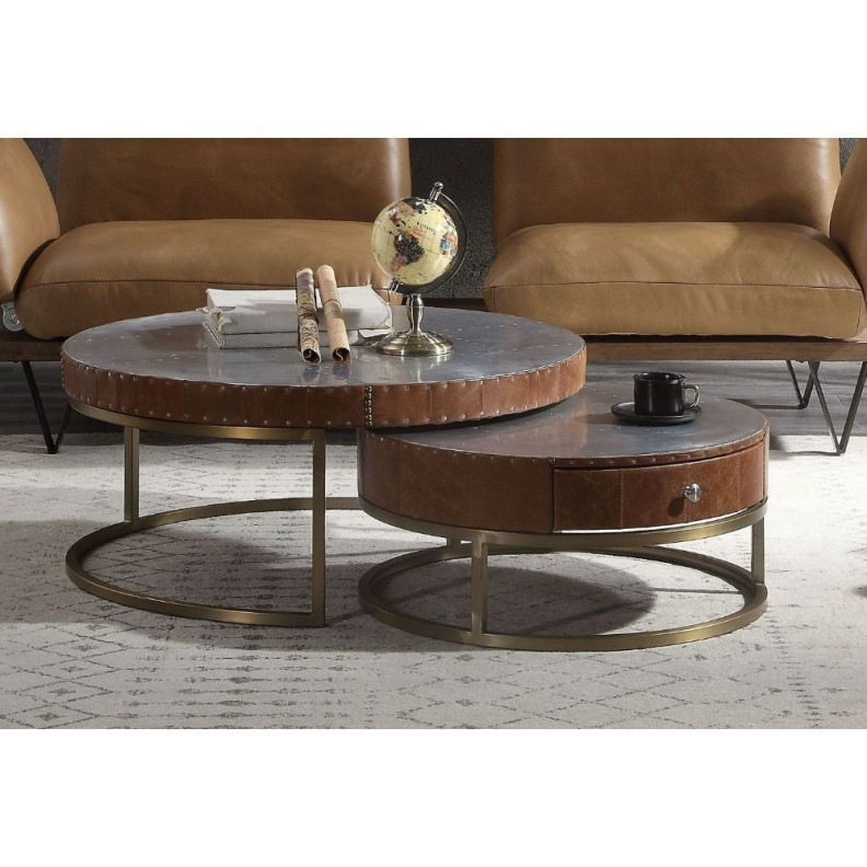 84885 / 90  Aluminum & Cocoa Top Grain Leather Tamas 2PC Coffee Table By Acme Furniture
