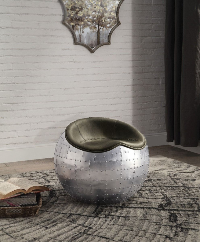 59839 Urban Industrial Chic  Antique Emerald Top Grain Leather & Aluminum Ottoman Brancaster by Acme Furniture