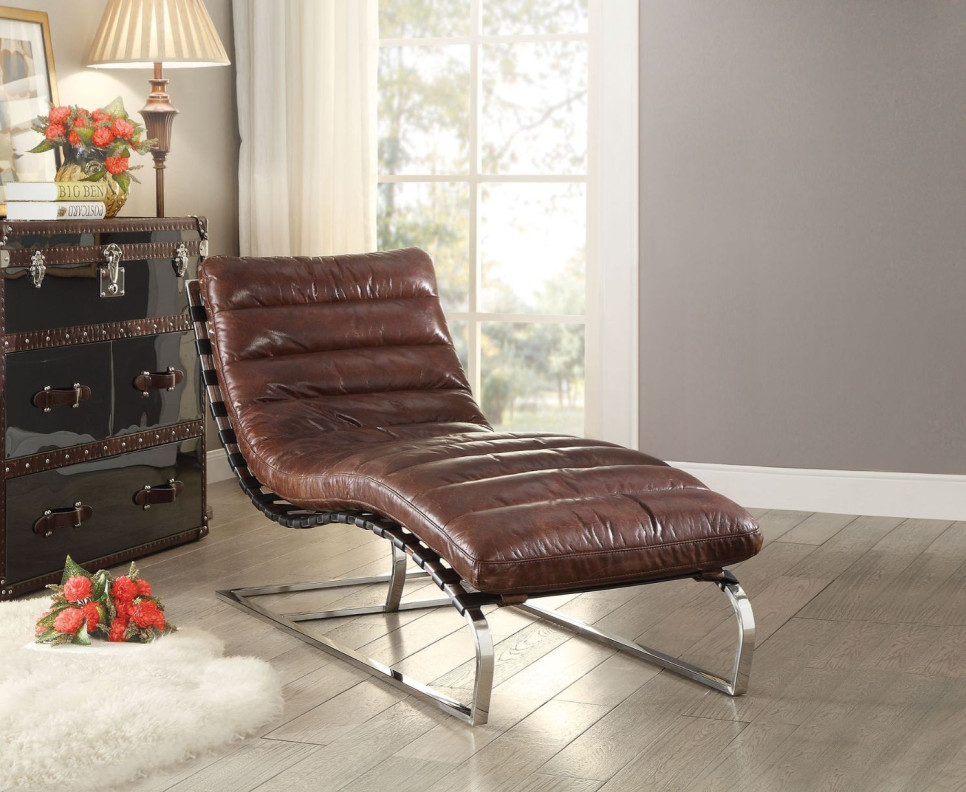 96670  Vintage Dark Brown Top Grain Leather & Stainless Steel Qortini Chaise By Acme Furniture