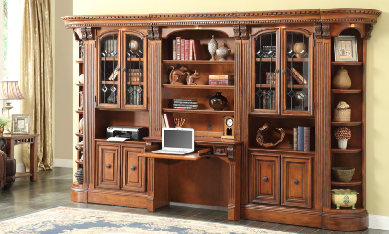 6PC Large Glass Bookcase Library Wall Set Huntington Collection in Antique Vintage Pecan By Parker House