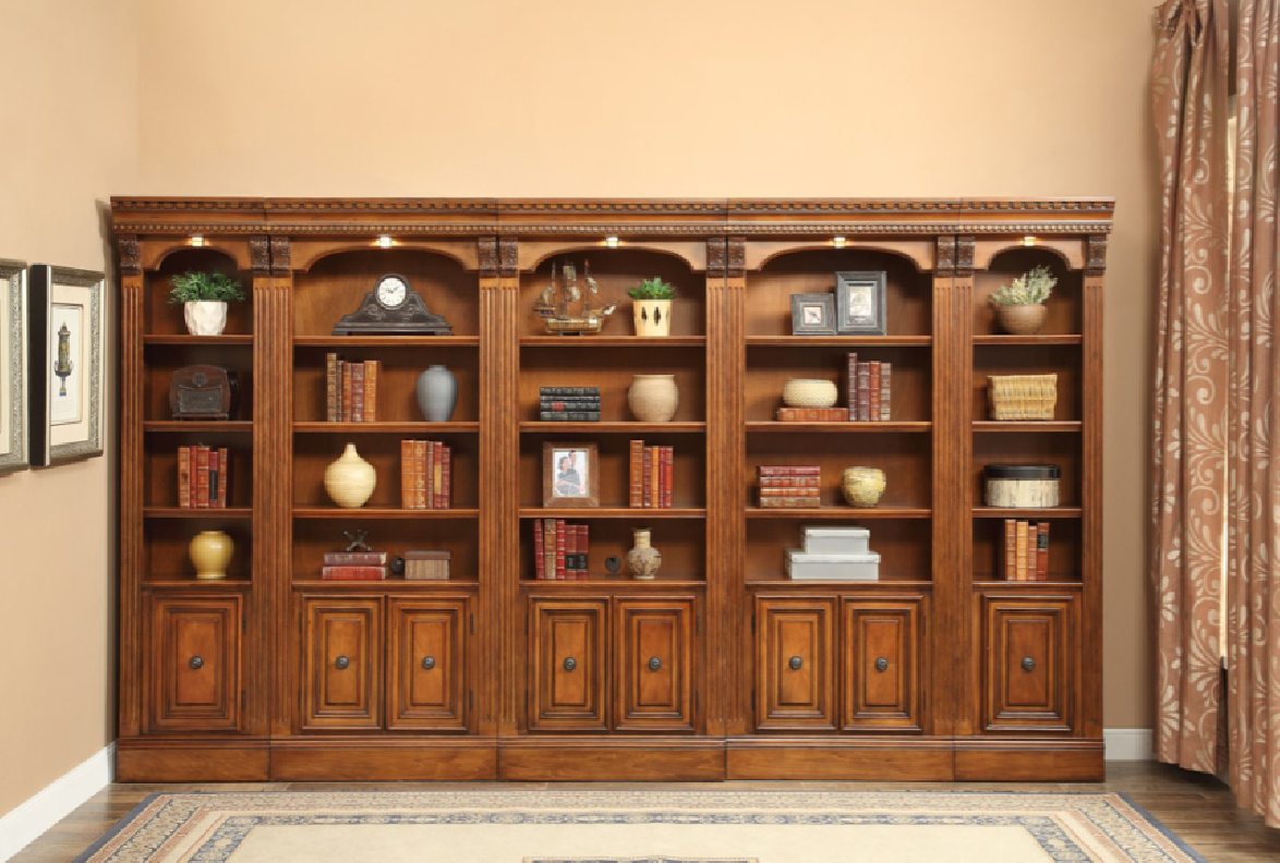 5PC Large Glass Bookcase Library Wall Set Huntington Collection  in Antique Vintage Pecan By Parker House
