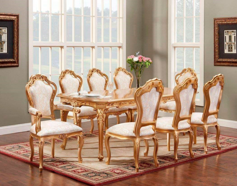 703 AJM 7Pc Dining Table Set Luxury Marble Top 87"W. French Provincial Style By Polrey International Furnishing