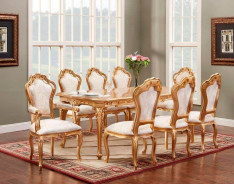 703 AJM 7Pc Dining Table Set Luxury Marble Top 87"W. French Provincial Style By Polrey International Furnishing