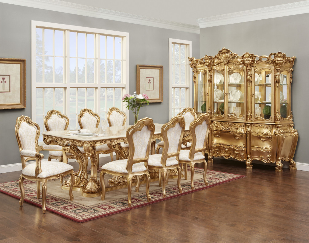 701 AM Luxury White Marble Top 9 Pc Dining Table -French Provincial Style By Polrey International Furnishing