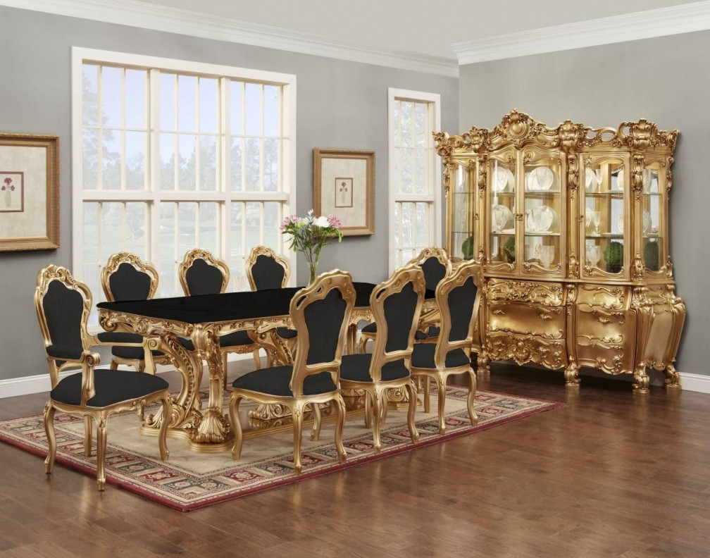 701AM Luxury Black Marble Top 9 Pc Dining Table -French Provincial Style By Polrey International Furnishing